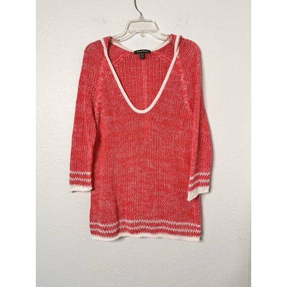 Tommy Bahama Womens Open Weave Hoodie Pink Sweater White Trim Size M Linen Blend - Picture 1 of 5